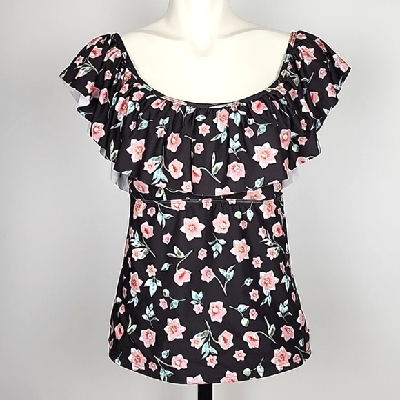 La Vie  en Rose Bathing Suit Top Off the Shoulders Ruffle Floral Pink Black Sz L - Picture 1 of 10